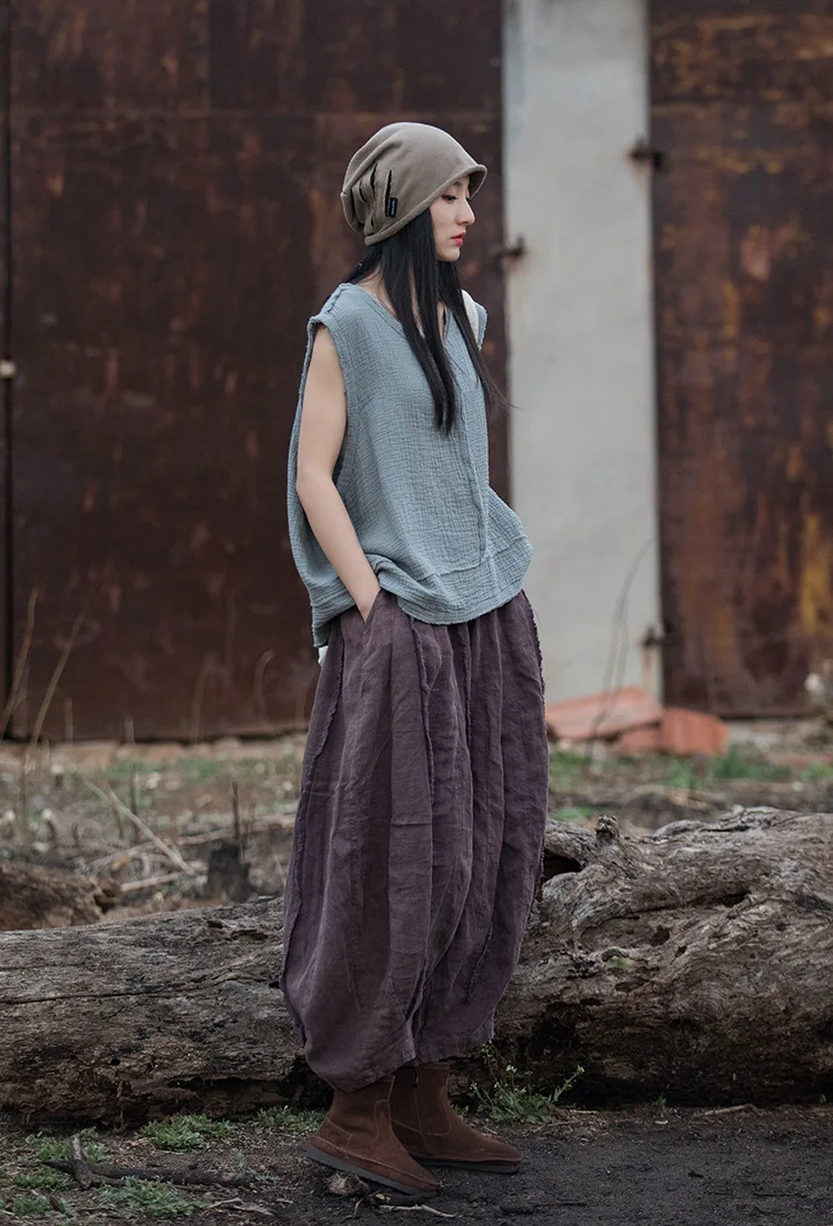 Johnature Women Vintage Ramie Wide Leg Pants Solid Color Elastic Waist Trouser 2025 New Spring Patchwork Women Pants
