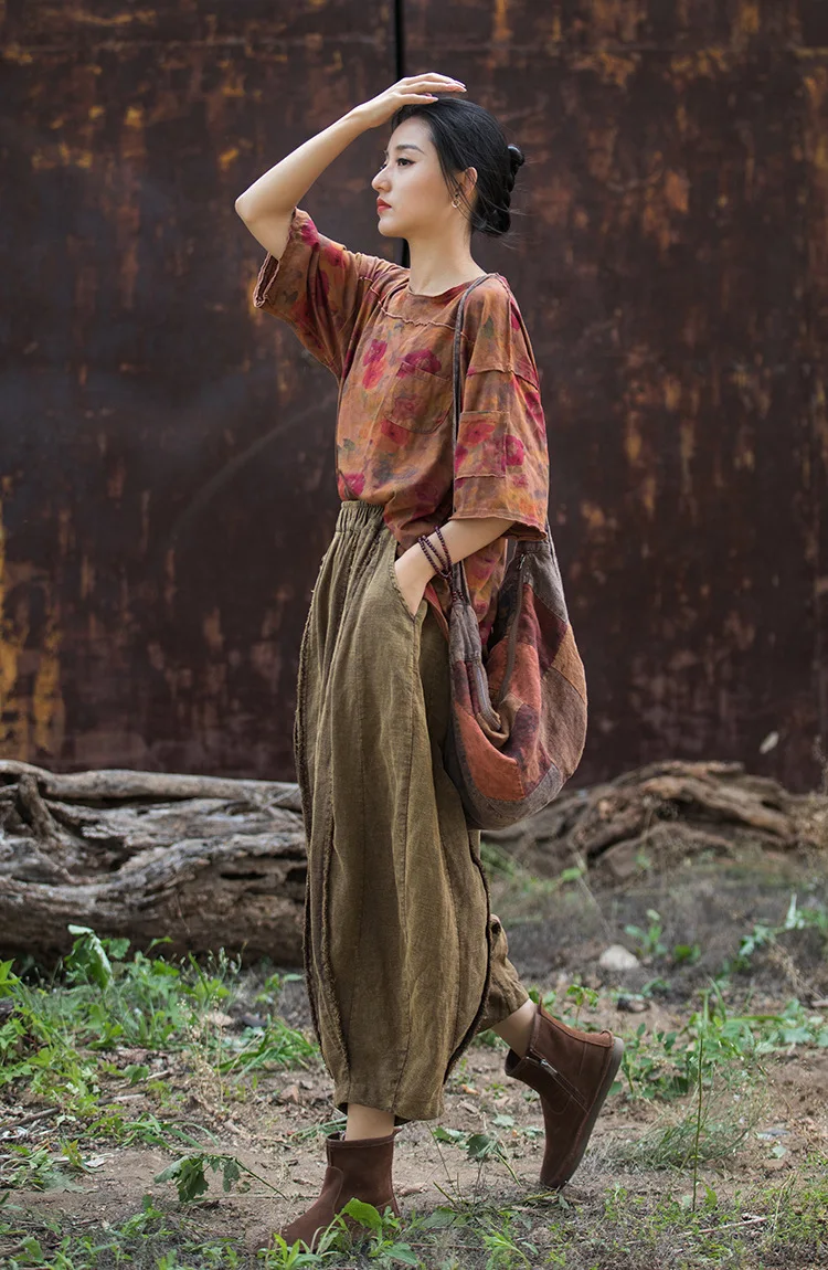 Johnature Women Vintage Ramie Wide Leg Pants Solid Color Elastic Waist Trouser 2025 New Spring Patchwork Women Pants