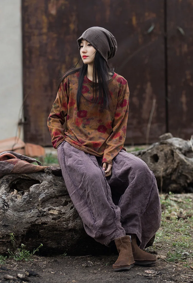 Johnature Women Vintage Ramie Wide Leg Pants Solid Color Elastic Waist Trouser 2025 New Spring Patchwork Women Pants