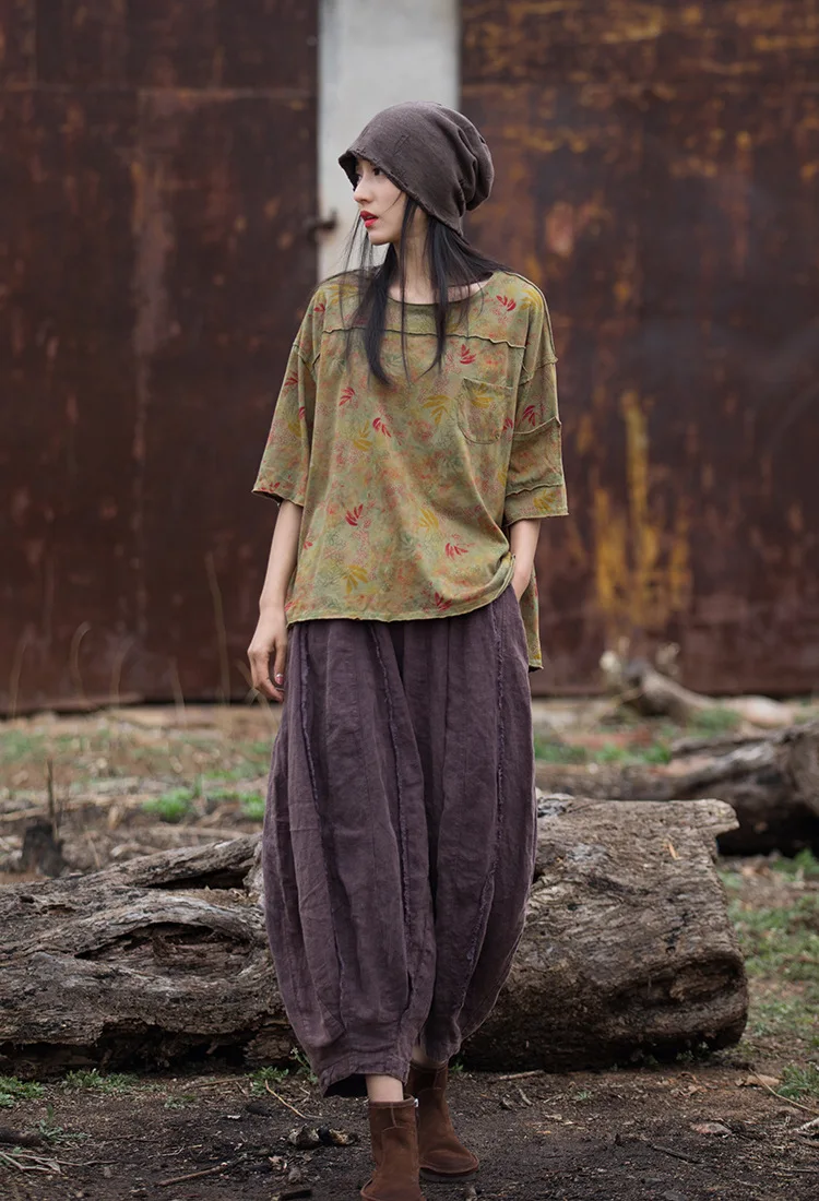 Johnature Women Vintage Ramie Wide Leg Pants Solid Color Elastic Waist Trouser 2025 New Spring Patchwork Women Pants