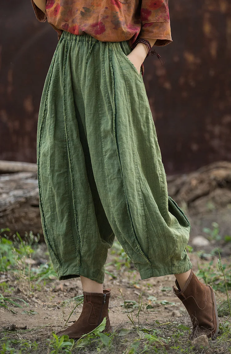 Johnature Women Vintage Ramie Wide Leg Pants Solid Color Elastic Waist Trouser 2025 New Spring Patchwork Women Pants