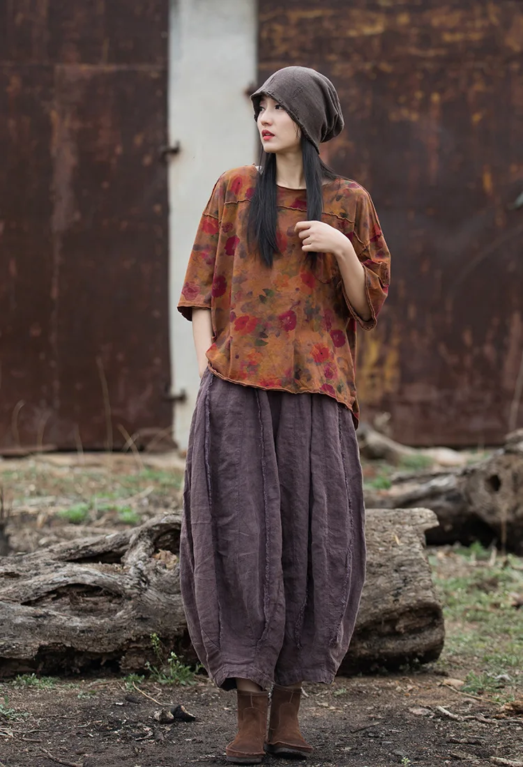 Johnature Women Vintage Ramie Wide Leg Pants Solid Color Elastic Waist Trouser 2025 New Spring Patchwork Women Pants