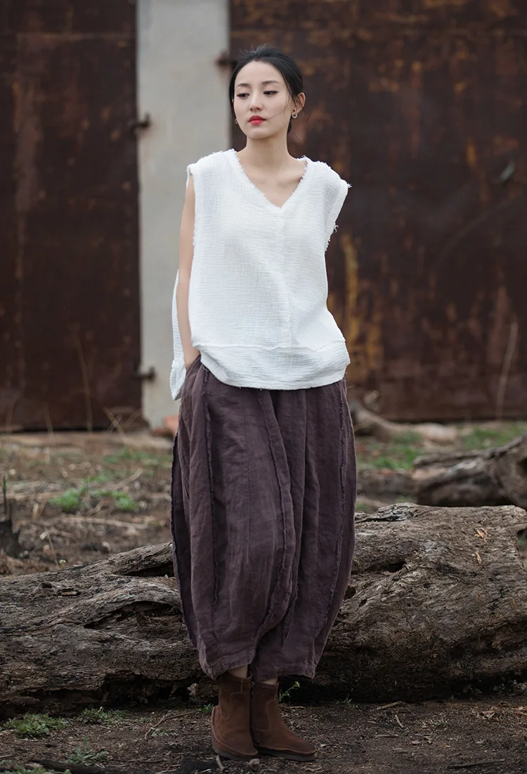Johnature Women Vintage Ramie Wide Leg Pants Solid Color Elastic Waist Trouser 2025 New Spring Patchwork Women Pants