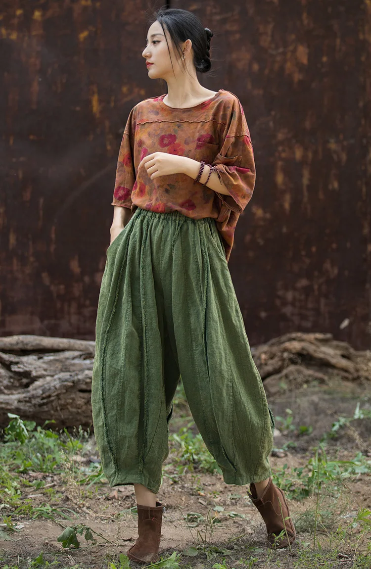 Johnature Women Vintage Ramie Wide Leg Pants Solid Color Elastic Waist Trouser 2025 New Spring Patchwork Women Pants