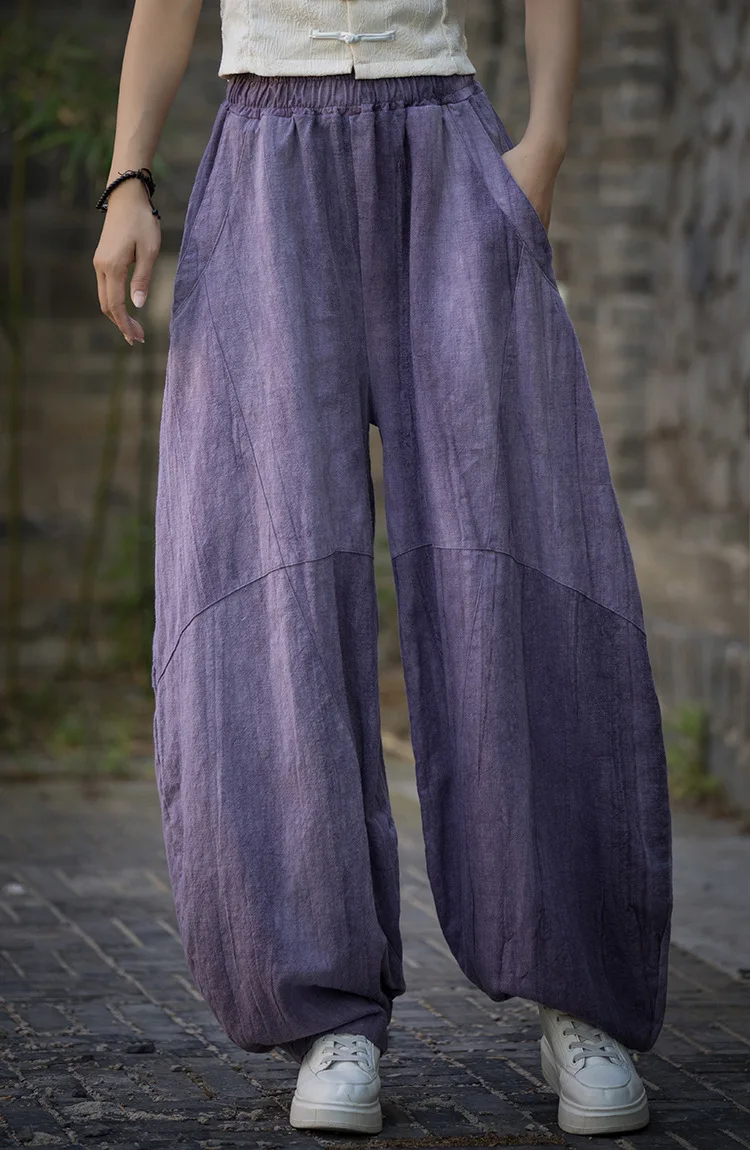 Johnature Women Vintage Ramie Bloomers Pants Elastic Waist Tie-dye 2025 Summer New Pockets Trousers Casual Loose Women Pants