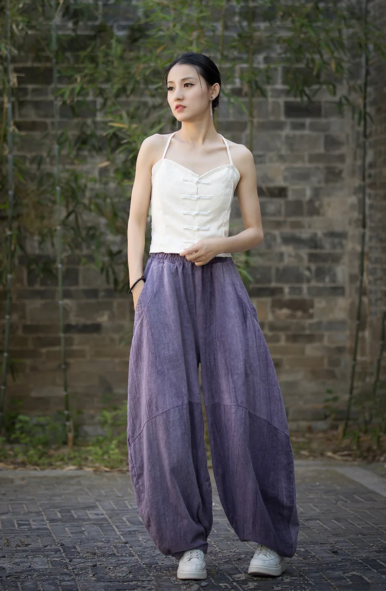 Johnature Women Vintage Ramie Bloomers Pants Elastic Waist Tie-dye 2025 Summer New Pockets Trousers Casual Loose Women Pants