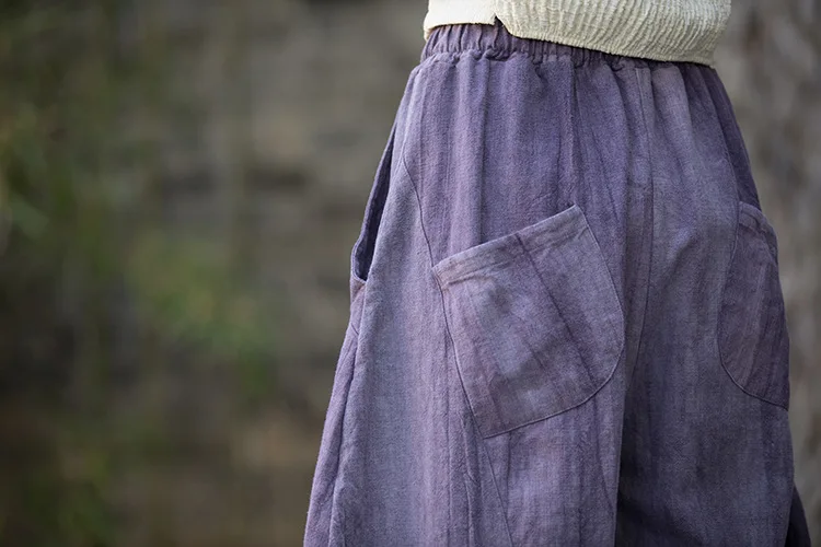 Johnature Women Vintage Ramie Bloomers Pants Elastic Waist Tie-dye 2025 Summer New Pockets Trousers Casual Loose Women Pants