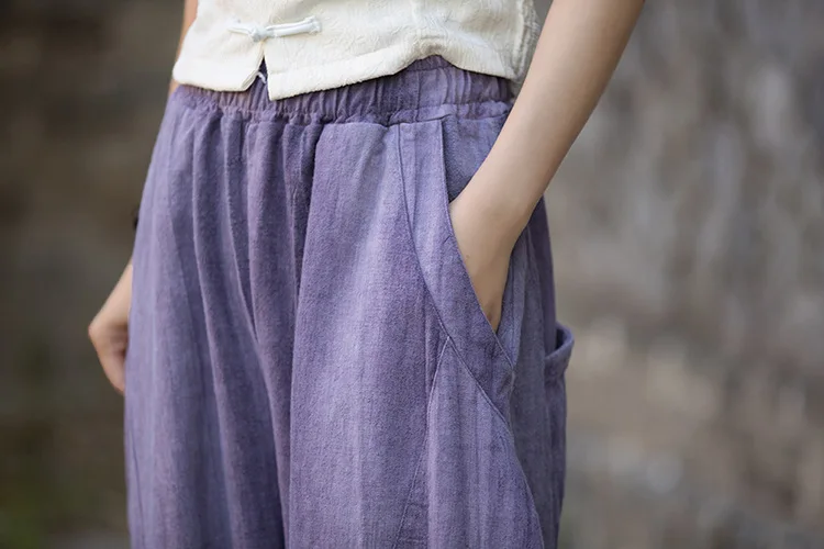 Johnature Women Vintage Ramie Bloomers Pants Elastic Waist Tie-dye 2025 Summer New Pockets Trousers Casual Loose Women Pants