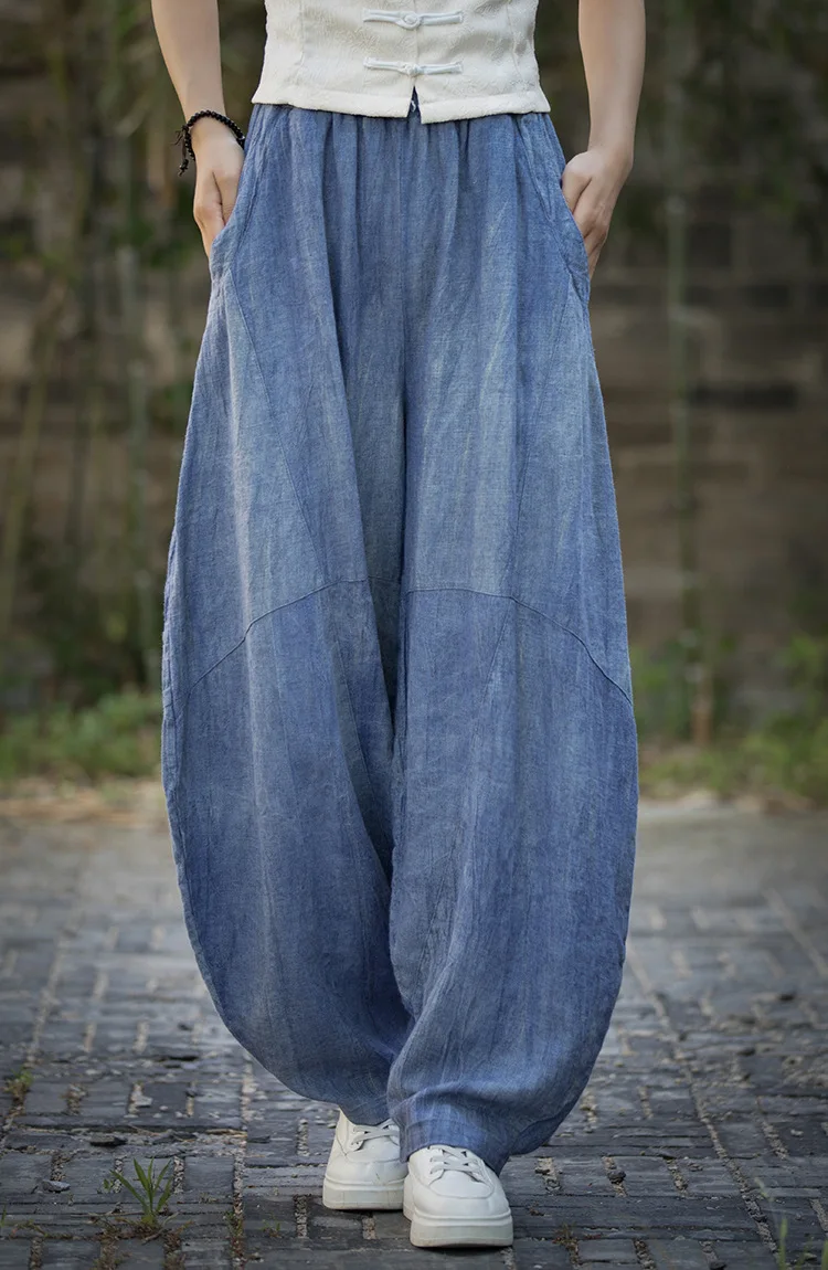 Johnature Women Vintage Ramie Bloomers Pants Elastic Waist Tie-dye 2025 Summer New Pockets Trousers Casual Loose Women Pants