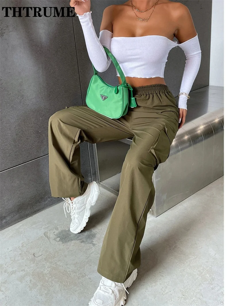 Vintage Streetwear Cargo Pants Fashion Women Solid Oversized Pocket High Waist Baggy Pant Casual Hip Hop Straight New Trousers