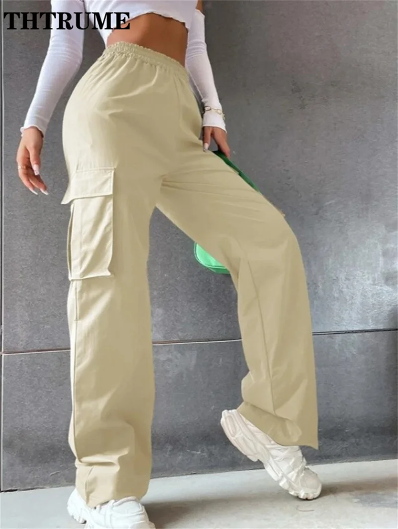 Vintage Streetwear Cargo Pants Fashion Women Solid Oversized Pocket High Waist Baggy Pant Casual Hip Hop Straight New Trousers