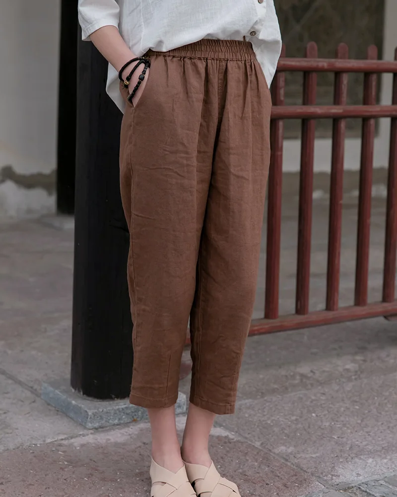 Johnature 2025 New Style Casual Loose Women Calf-length Pants Spring Summer Fashion Solid Cotton Linen Women Pants