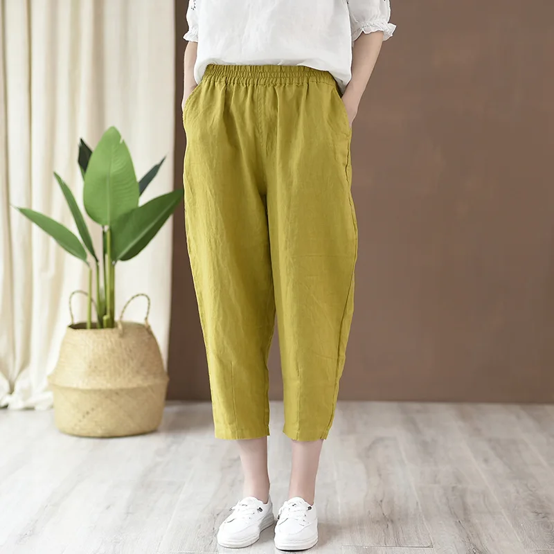 Johnature 2025 New Style Casual Loose Women Calf-length Pants Spring Summer Fashion Solid Cotton Linen Women Pants
