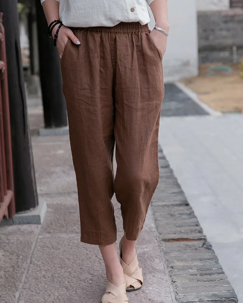 Johnature 2025 New Style Casual Loose Women Calf-length Pants Spring Summer Fashion Solid Cotton Linen Women Pants