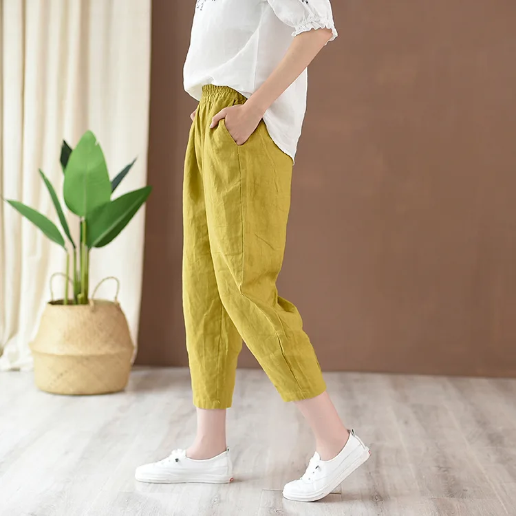 Johnature 2025 New Style Casual Loose Women Calf-length Pants Spring Summer Fashion Solid Cotton Linen Women Pants