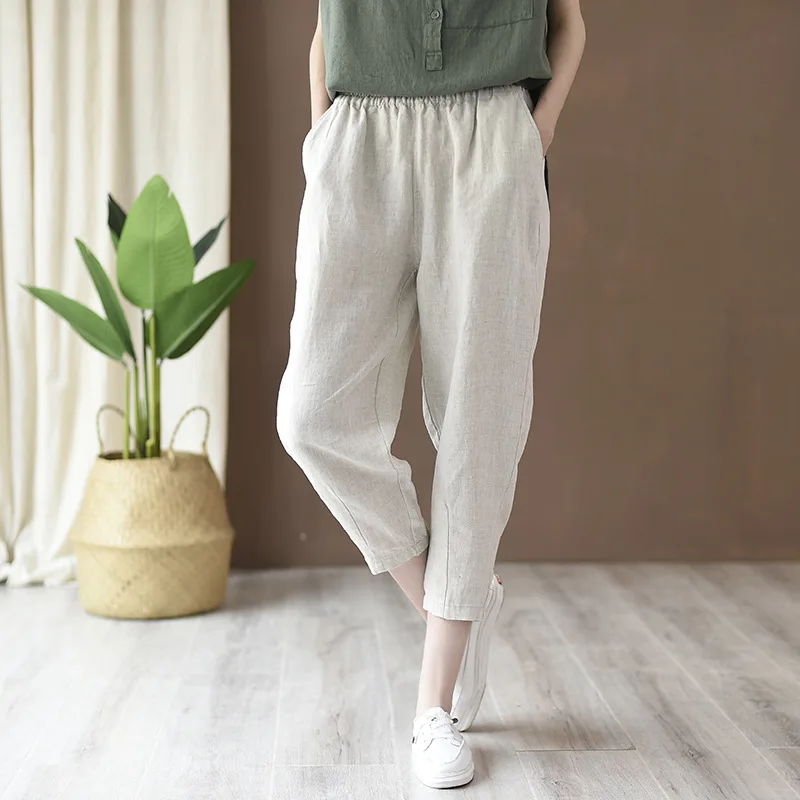 Johnature 2025 New Style Casual Loose Women Calf-length Pants Spring Summer Fashion Solid Cotton Linen Women Pants