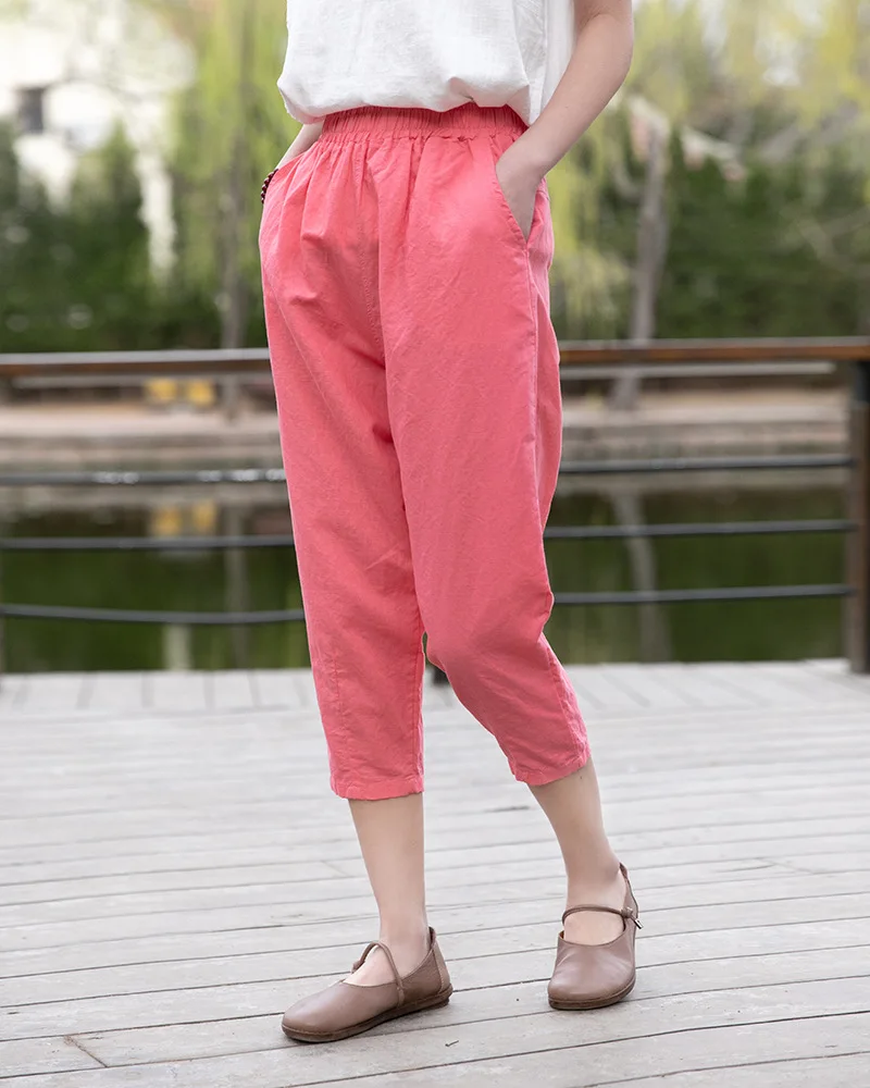 Johnature 2025 New Style Casual Loose Women Calf-length Pants Spring Summer Fashion Solid Cotton Linen Women Pants