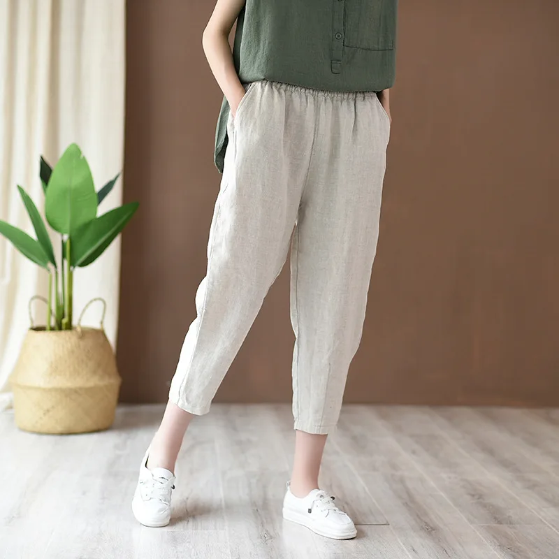 Johnature 2025 New Style Casual Loose Women Calf-length Pants Spring Summer Fashion Solid Cotton Linen Women Pants