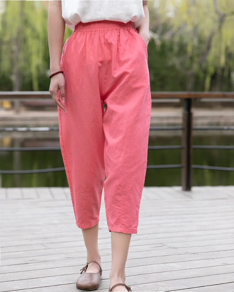 Johnature 2025 New Style Casual Loose Women Calf-length Pants Spring Summer Fashion Solid Cotton Linen Women Pants