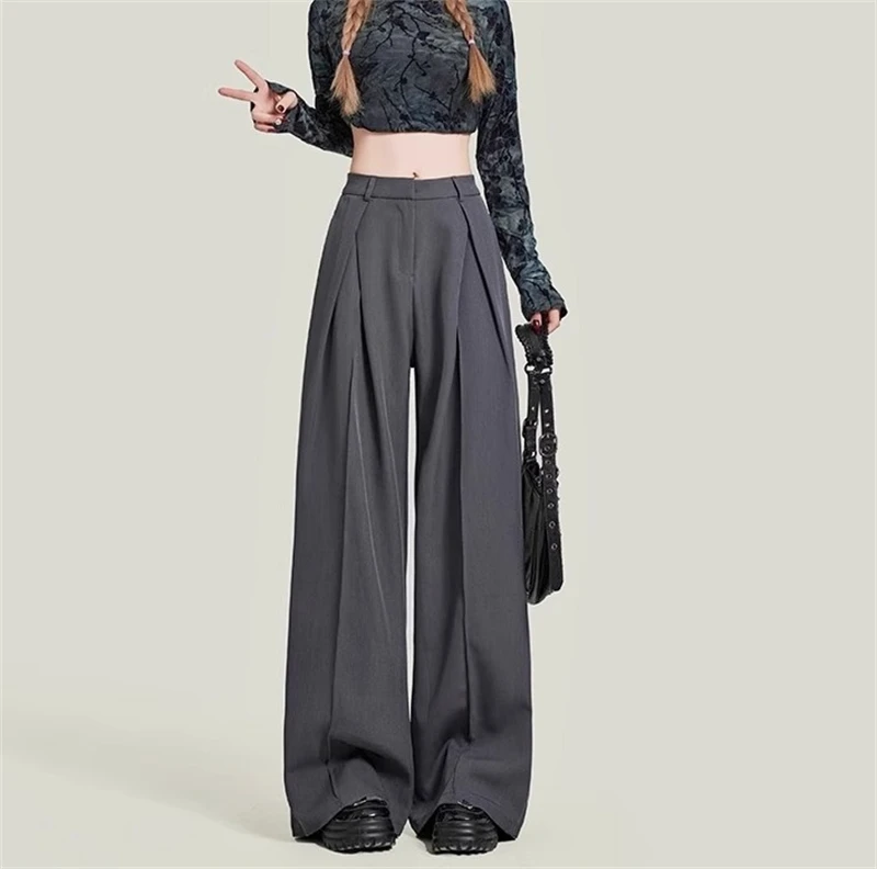 Women's Grey Baggy Suits Pants Vintage Y2k Pants Harajuku Aesthetic Office Ladies High Waist Trousers Fashion 2000s Clothes 2024