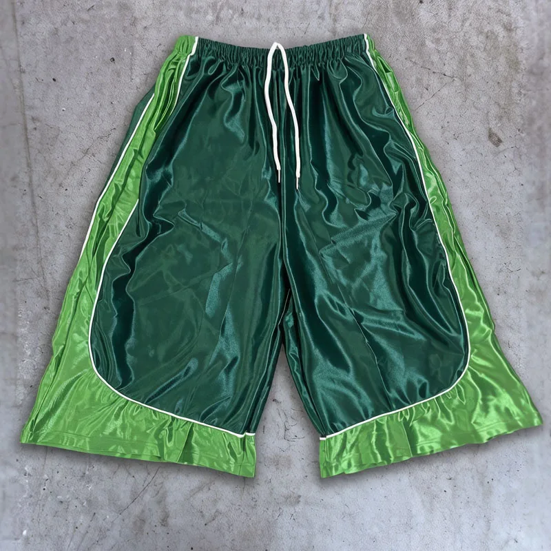 Retro Fashion Color Matching Stitching Sports Cropped Pants Harajuku Elastic  Waist Wide-leg Pants Loose Casual Shorts