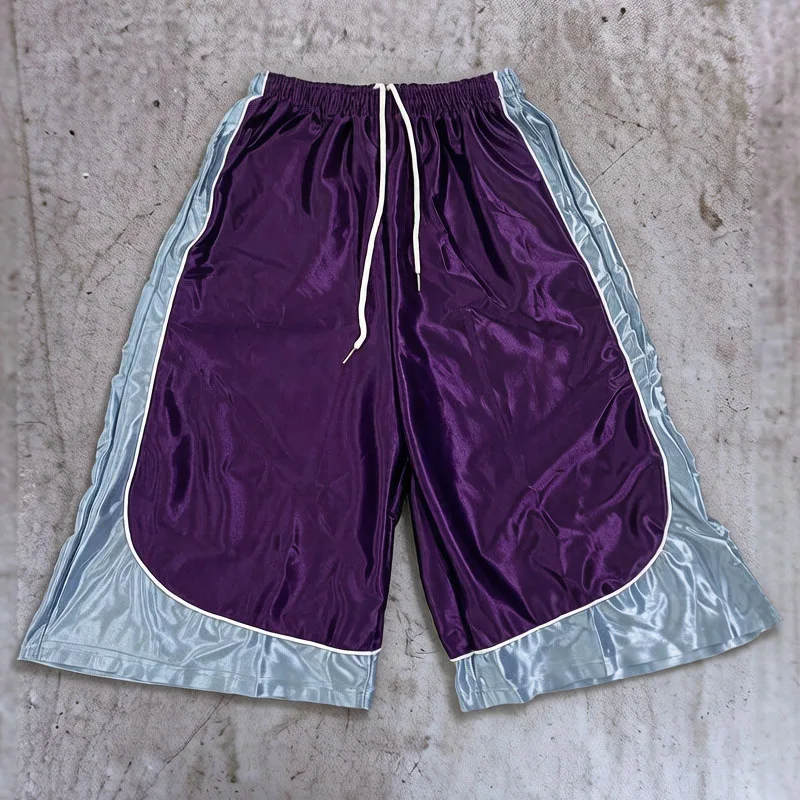 Retro Fashion Color Matching Stitching Sports Cropped Pants Harajuku Elastic  Waist Wide-leg Pants Loose Casual Shorts