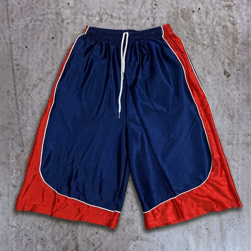 Retro Fashion Color Matching Stitching Sports Cropped Pants Harajuku Elastic  Waist Wide-leg Pants Loose Casual Shorts