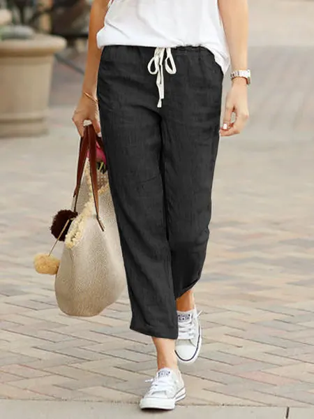 Cotton Linen Trousers for Women Solid Color Elastic Waist Casual Pants Drawstring Loose Autumn New Pants for Female
