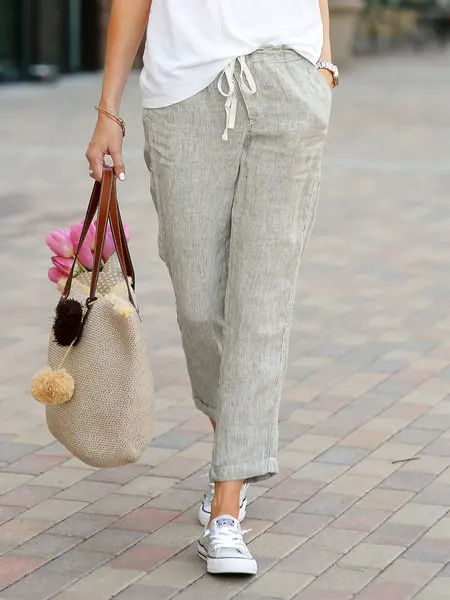Cotton Linen Trousers for Women Solid Color Elastic Waist Casual Pants Drawstring Loose Autumn New Pants for Female