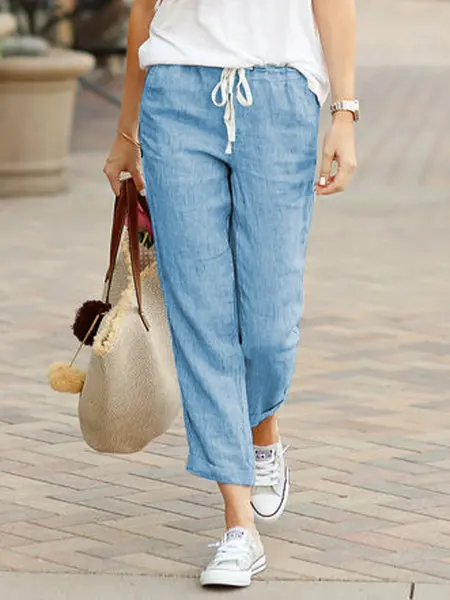 Cotton Linen Trousers for Women Solid Color Elastic Waist Casual Pants Drawstring Loose Autumn New Pants for Female