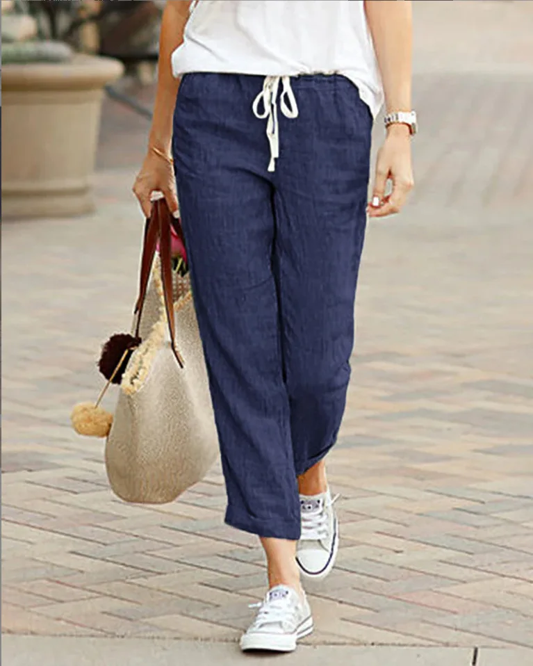 Cotton Linen Trousers for Women Solid Color Elastic Waist Casual Pants Drawstring Loose Autumn New Pants for Female