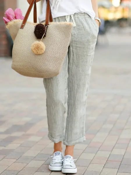 Cotton Linen Trousers for Women Solid Color Elastic Waist Casual Pants Drawstring Loose Autumn New Pants for Female