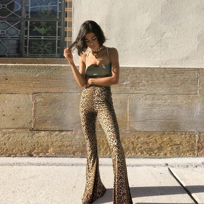 Hugcitar High Waist Leopard Print Flare Leggings 2025 Spring Women Fashion Sexy Bodycon Trousers Club Pants