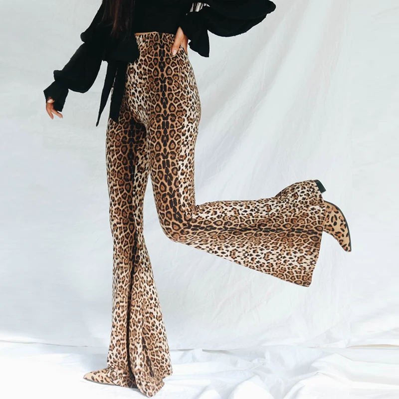 Hugcitar High Waist Leopard Print Flare Leggings 2025 Spring Women Fashion Sexy Bodycon Trousers Club Pants