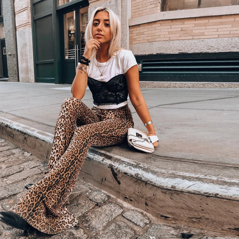 Hugcitar High Waist Leopard Print Flare Leggings 2025 Spring Women Fashion Sexy Bodycon Trousers Club Pants