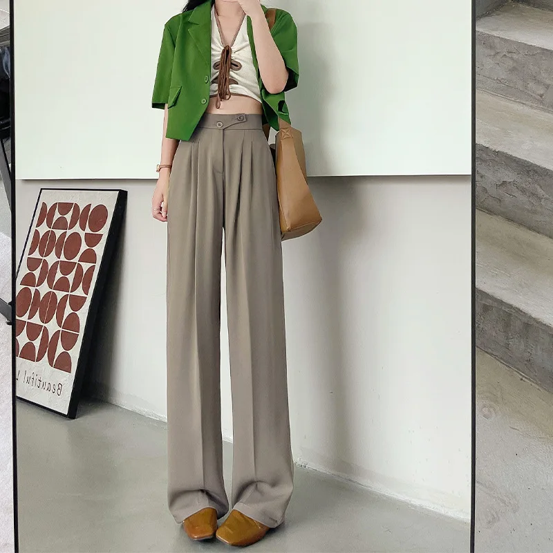 Wide Office Trousers for Women 2023 High Waist White Straight Stacked Pants with Pockets Double-button Classic Women's Trousers