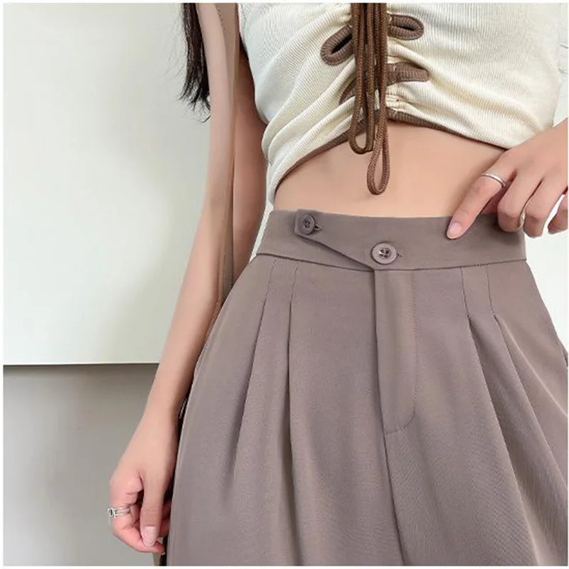 Wide Office Trousers for Women 2023 High Waist White Straight Stacked Pants with Pockets Double-button Classic Women's Trousers