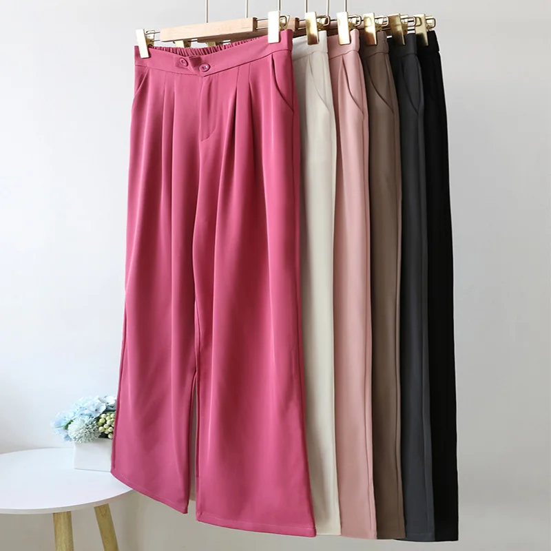 Wide Office Trousers for Women 2023 High Waist White Straight Stacked Pants with Pockets Double-button Classic Women's Trousers