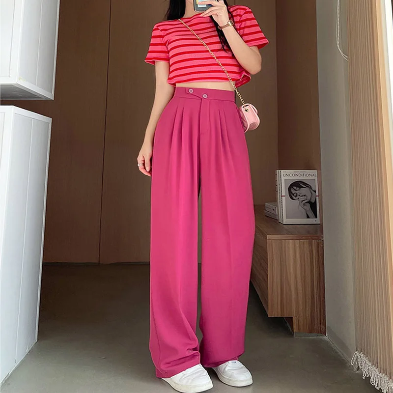 Wide Office Trousers for Women 2023 High Waist White Straight Stacked Pants with Pockets Double-button Classic Women's Trousers