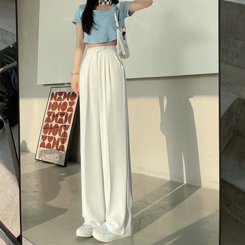 Wide Office Trousers for Women 2023 High Waist White Straight Stacked Pants with Pockets Double-button Classic Women's Trousers