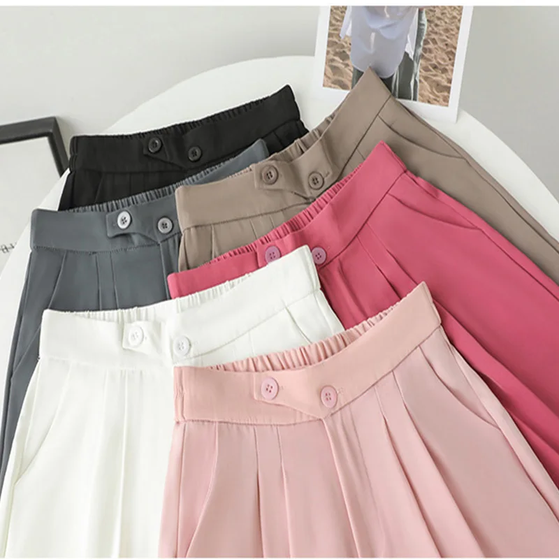 Wide Office Trousers for Women 2023 High Waist White Straight Stacked Pants with Pockets Double-button Classic Women's Trousers