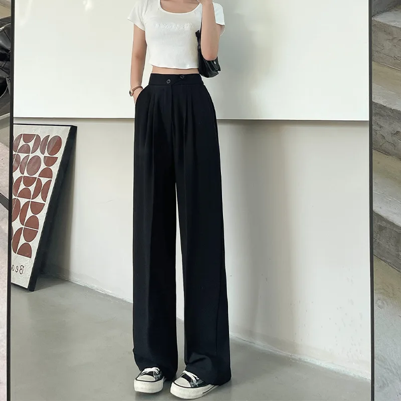 Wide Office Trousers for Women 2023 High Waist White Straight Stacked Pants with Pockets Double-button Classic Women's Trousers
