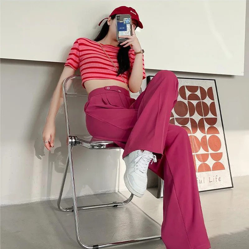 Wide Office Trousers for Women 2023 High Waist White Straight Stacked Pants with Pockets Double-button Classic Women's Trousers