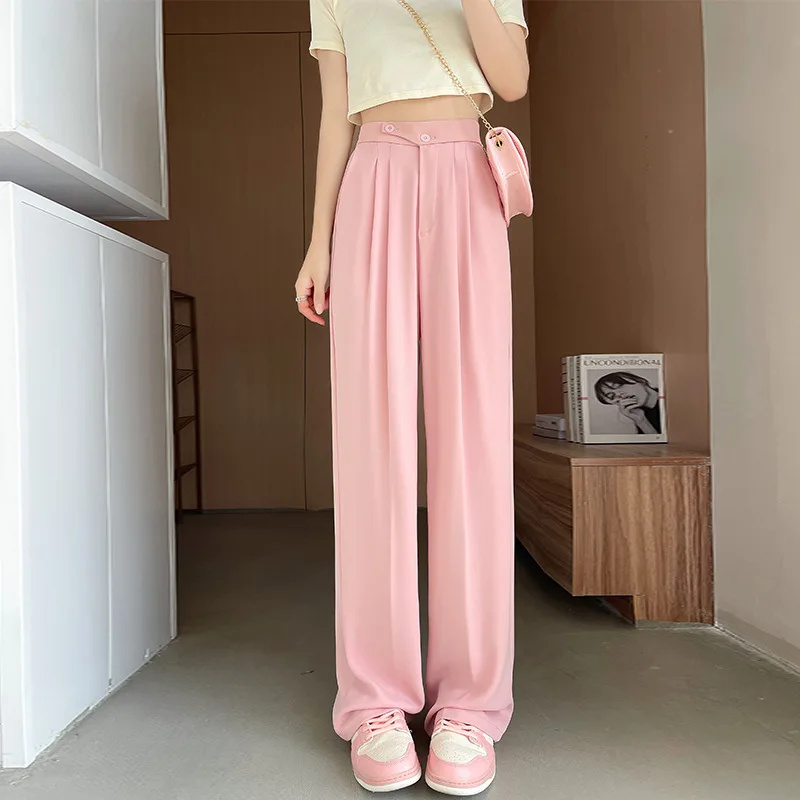 Wide Office Trousers for Women 2023 High Waist White Straight Stacked Pants with Pockets Double-button Classic Women's Trousers