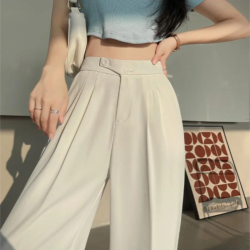 Wide Office Trousers for Women 2023 High Waist White Straight Stacked Pants with Pockets Double-button Classic Women's Trousers