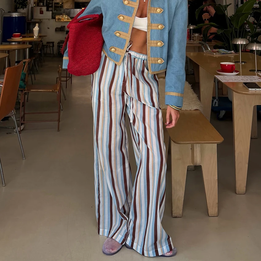 Linad Vintage Loose Stripe Drawstring Trousers Street Chic Long Pants For Woman 2026 Casual Print Wide Leg Pants With Pockets