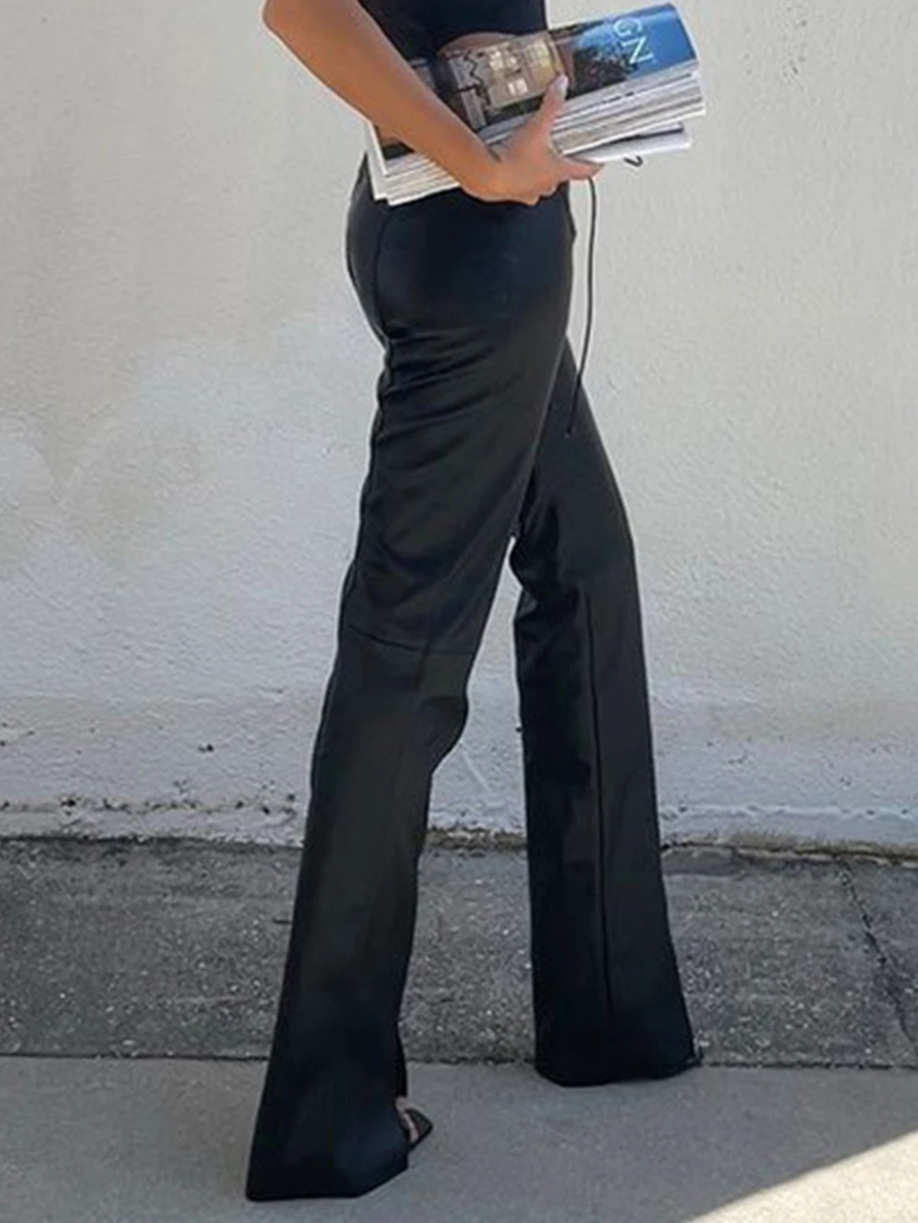 Sexy black PU leather pants women straight leg pants trousers woman clothing high waist casual baggy wide leg pants streetwear