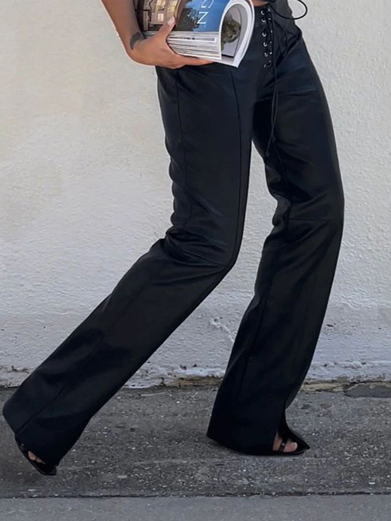 Sexy black PU leather pants women straight leg pants trousers woman clothing high waist casual baggy wide leg pants streetwear