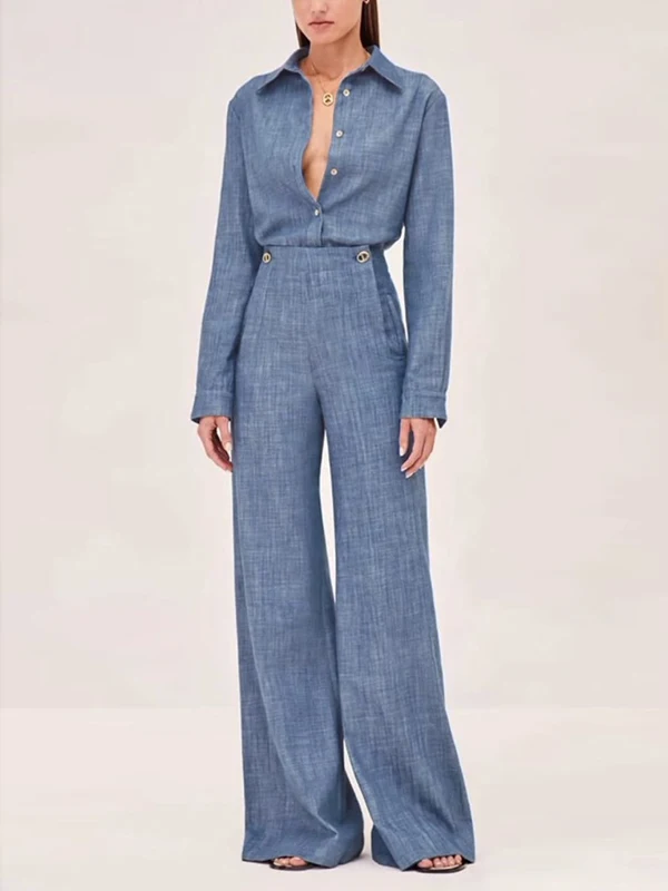 Krisstargirl 2025 New Fashion Simple Casual Straight Leg Pants for Women Blue High Waisted Trousers for Office Ladies Clothing