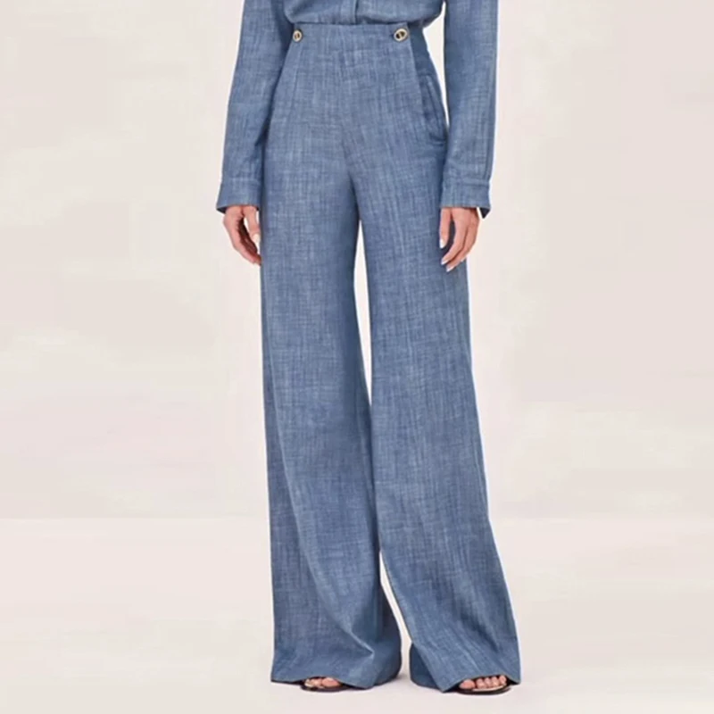 Krisstargirl 2025 New Fashion Simple Casual Straight Leg Pants for Women Blue High Waisted Trousers for Office Ladies Clothing